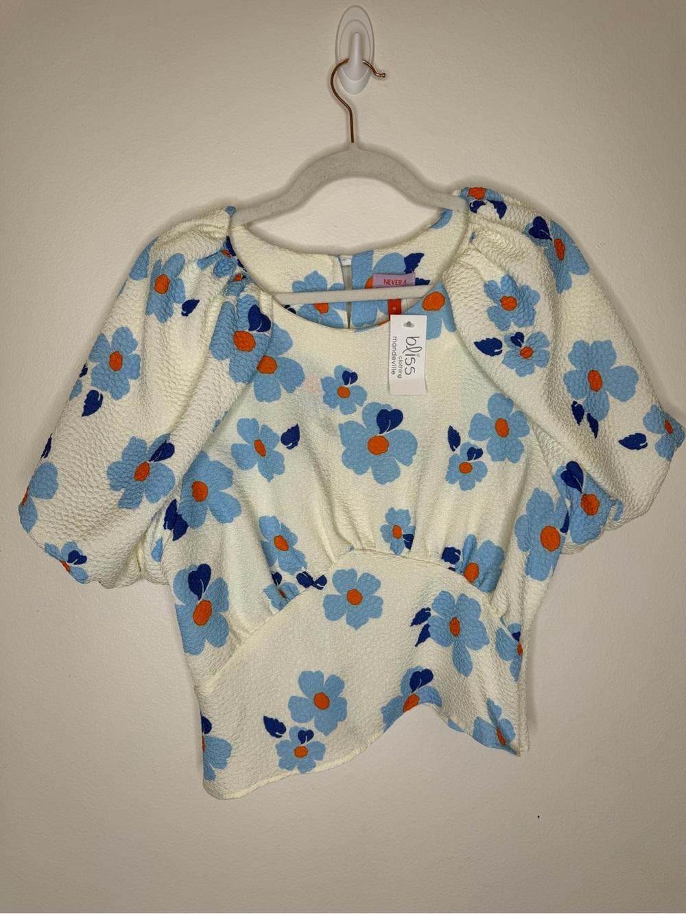 Wallflower Cream Puff-Sleeve Crop Top with Blue and Orange Floral Print